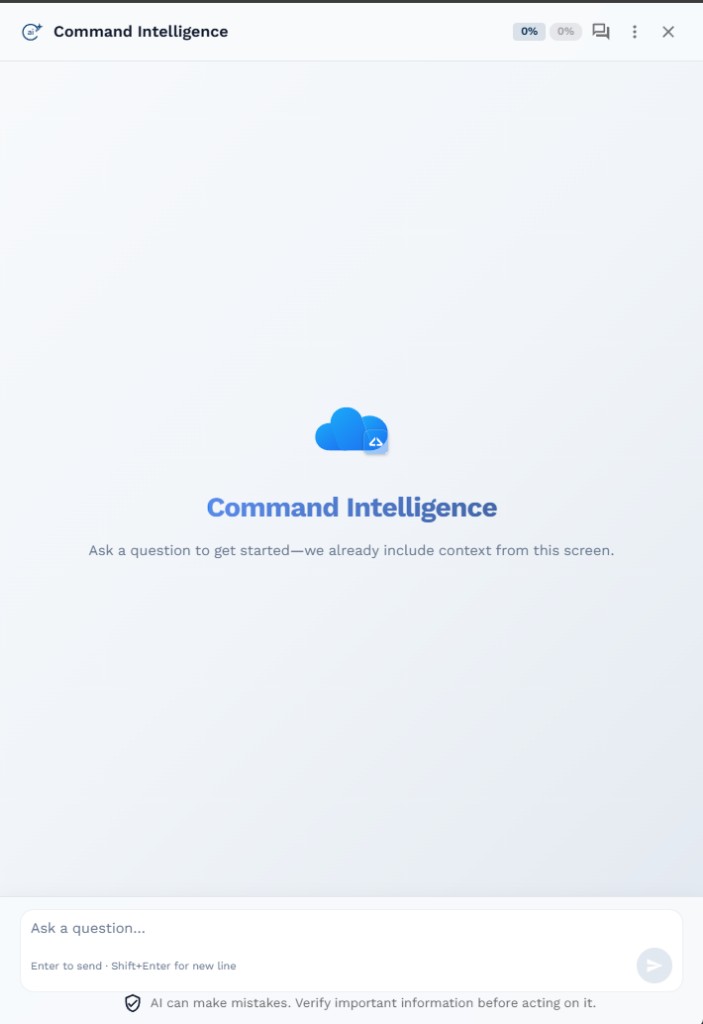 Command Intelligence Analyst panel in Dispatch: header, welcome state, and ask input
